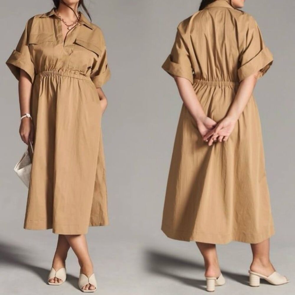 Maeve Anthropologie Taupe Utility Shirt Dress Midi Length Size Large